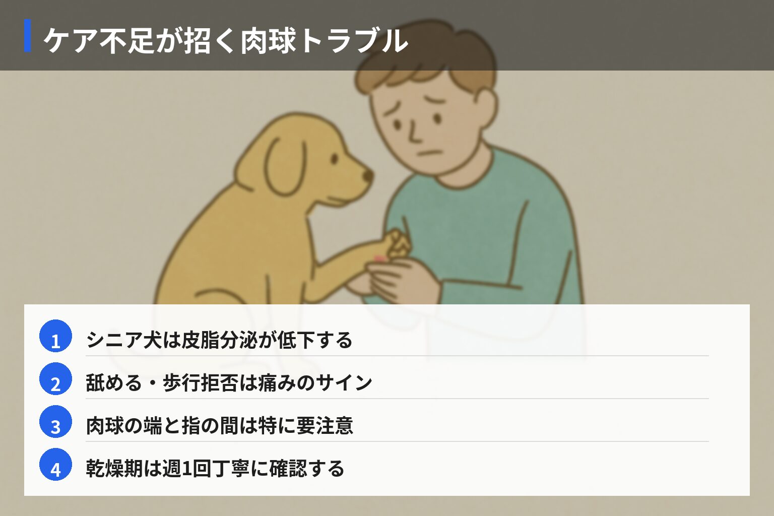 実体験エピソード(失敗):ケア不足で招いた肉球トラブルとその後悔の図解・説明イラスト