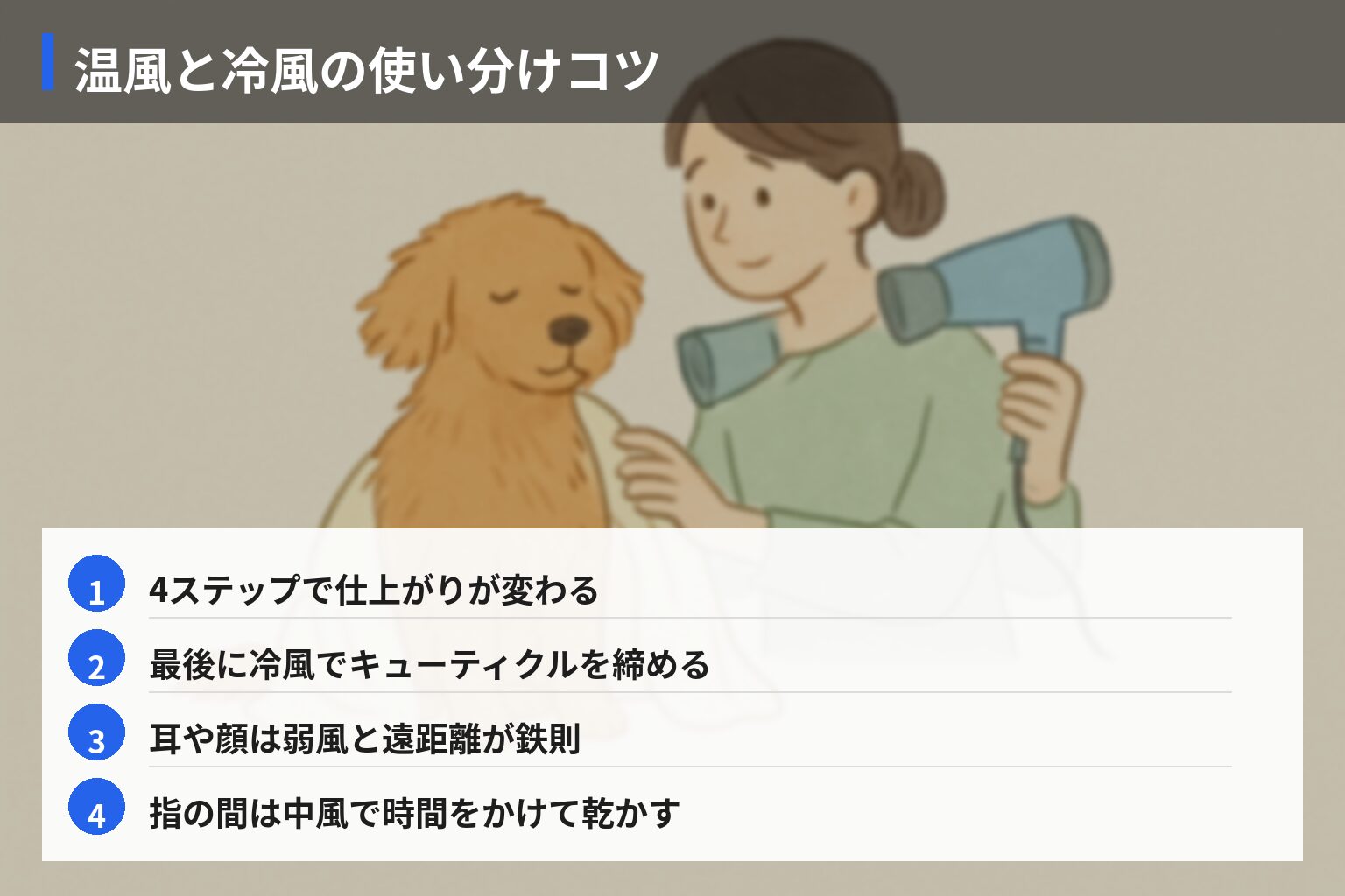 試行錯誤から得た成功パターン：乾かし方とドライヤー使い分けのコツの図解・説明イラスト